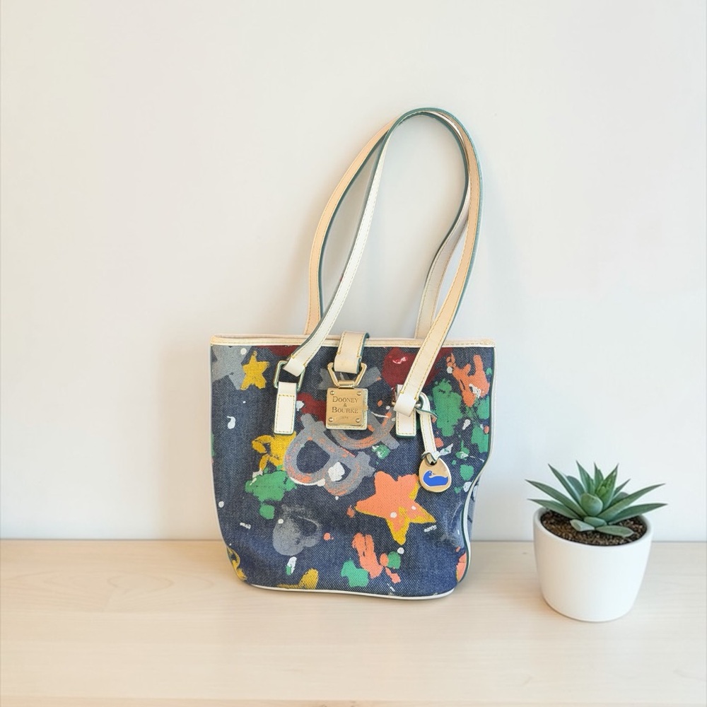 Dooney & Bourke Navy Multicolor Abstract Canvas Tote with Cream Trim